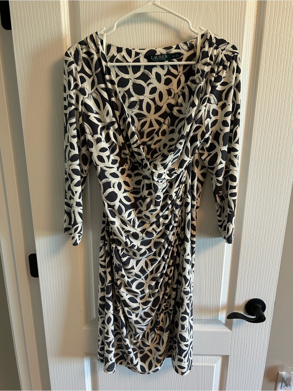 Lauren Ralph Lauren Black and Ivory Ring-Print Faux-Wrap Midi Dress